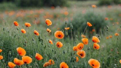 Obraz premium Field of vibrant orange poppy flowers in full bloom against a green background with Copy Space for text placement.