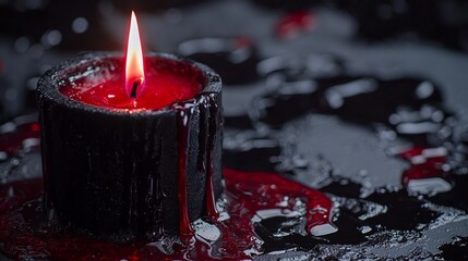 Melted black candle with red wax dripping.