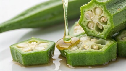 Okra exotic superfood. Fresh okra slices with oil drizzle on a white plate, highlighting vibrant green color and texture.