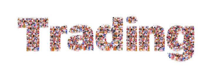  A group of people forming the word Trading. Concept of financial transactions, stock trading, and business relationships. Investment concept. Vector illustration. Not AI generated