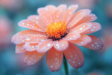 Delicate Bloom, Peach Zinnia with Dew Drops in Dreamy Blue Setting