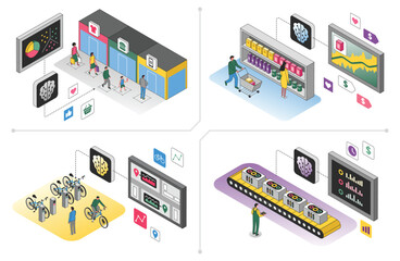 Ai models of business automation in different areas retail, production, service. Set of vector illustrations in isometric style. Deep learning, artificial intelligence