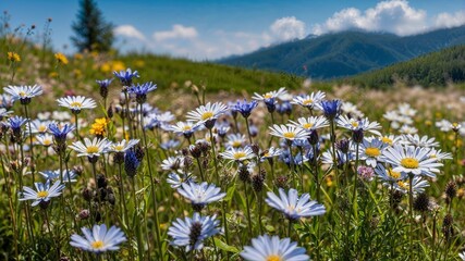 Close-up of a flower meadow in spring or summer, blue sky in the background 