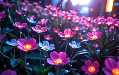 A stunning close-up of vibrant, glowing flowers in full bloom, illuminated with soft golden light. 