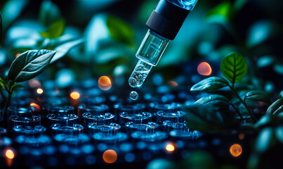 Innovative Precision Medicine Concept with Pipette Dropping Liquid into Test Tubes Among Lush Greenery and Data Elements