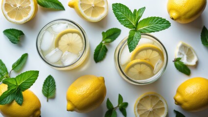 Fresh lemonade with lemon slices and mint leaves on a white background with lemons scattered around Copy Space