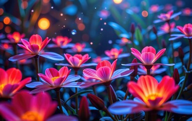 Fototapeta premium A stunning close-up of vibrant, glowing flowers in full bloom, illuminated with soft golden light. 