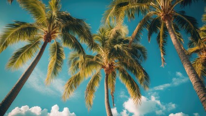 Tropical palm trees against a clear blue sky with fluffy clouds ideal for summer vacation themes Copy Space