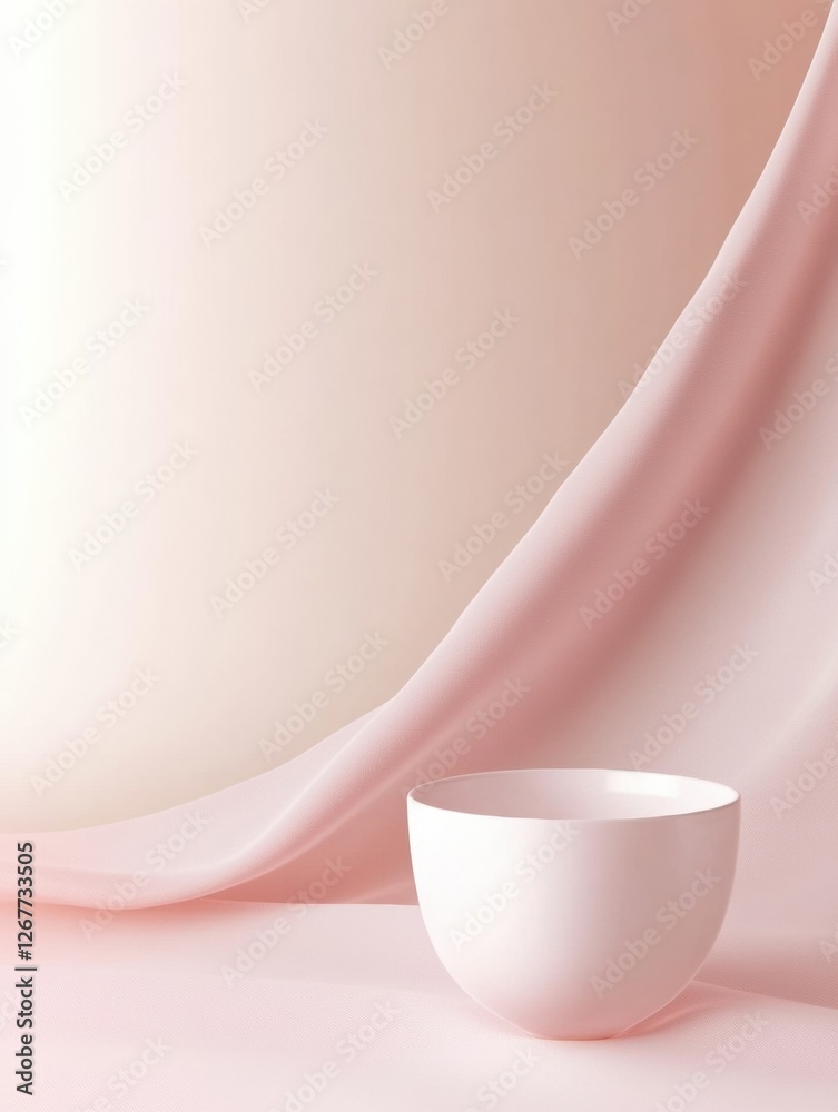 Poster Soft minimalist arrangement featuring a white bowl on a pink background with draped fabric and smooth textures. Generative AI