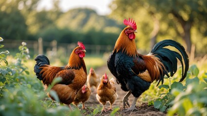 Fototapeta premium Rooster and hens foraging in a garden setting with natural lighting and blurred background suitable for text placement Copy Space