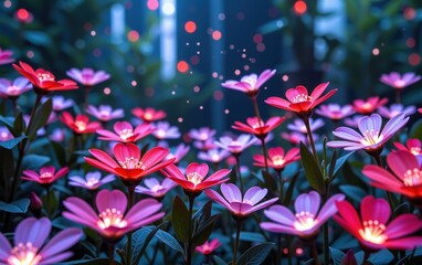 Obraz premium A stunning close-up of vibrant, glowing flowers in full bloom, illuminated with soft golden light. 