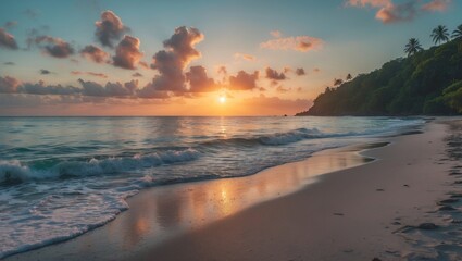 Obraz premium Tropical beach sunset with golden sky reflected in calm waves and palm trees on coastal hillside near shoreline Copy Space