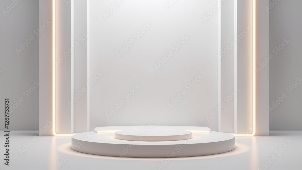 Poster silver pedestal of platform display with neon modern stand podium on white room background. blank ex