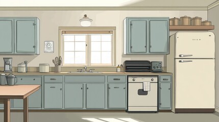 Fototapeta premium Pastel kitchen interior, light streaming through window, home, background