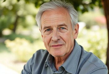 Serene outdoor portrait of a 65-year-old male