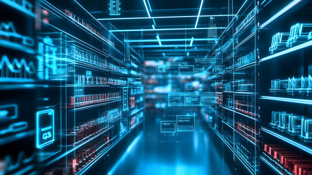 futuristic digital retail environment with glowing blue holographic displays and data analytics. scene showcases advanced technology in modern shopping aisle