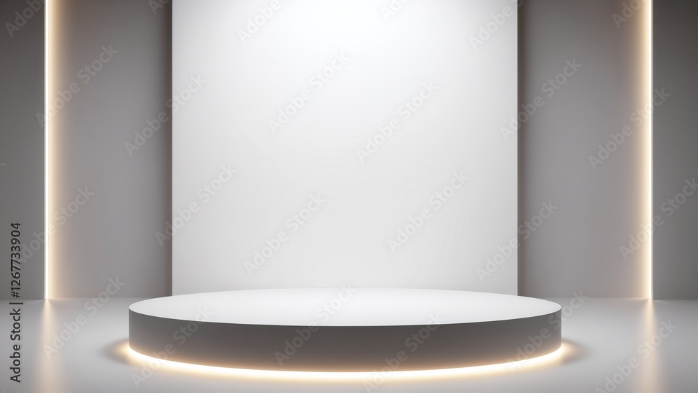 Poster Silver Pedestal of platform display with neon modern stand podium on white room background. Blank Exhibition stage backdrop or empty product shelf. 3D rendering