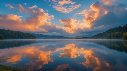 Fototapeta premium Tranquil lake landscape at sunrise with colorful clouds and reflections in calm water surrounded by forested hills Copy Space