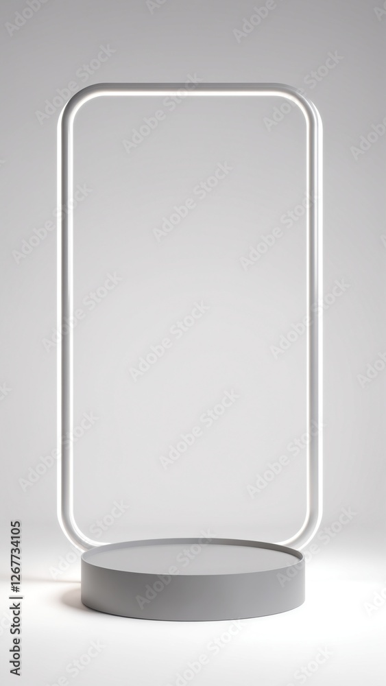 Poster silver pedestal of platform display with neon modern stand podium on white room background. blank ex
