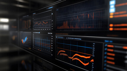 digital dashboard displays various e commerce performance metrics, including graphs and charts, sleek, modern interface. data visualization highlights trends and analytics for business insights