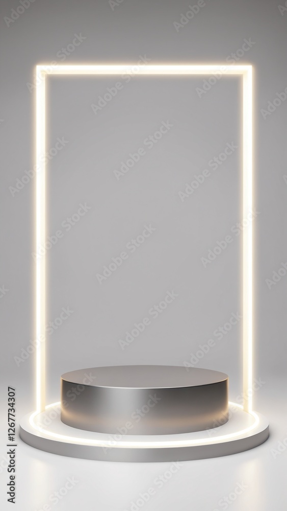 Aufkleber silver pedestal of platform display with neon modern stand podium on white room background. blank ex