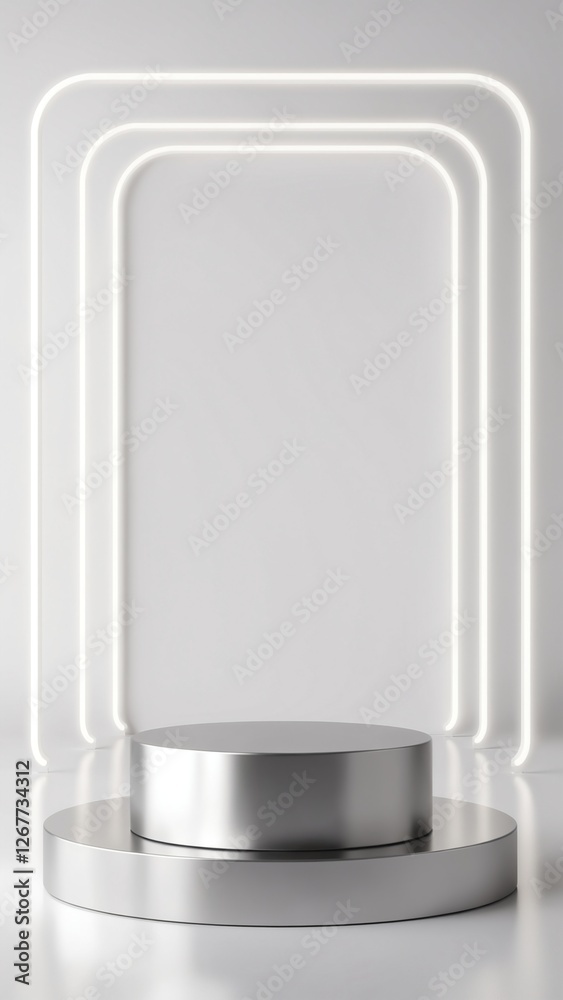 Aufkleber silver pedestal of platform display with neon modern stand podium on white room background. blank ex