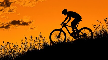 Fototapeta premium Silhouette of a Mountain Biker at Sunset