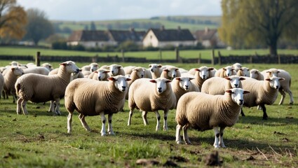 Obraz premium Flock of sheep grazing in an open field with a rural farmhouse in the background and cloudy sky Copy Space