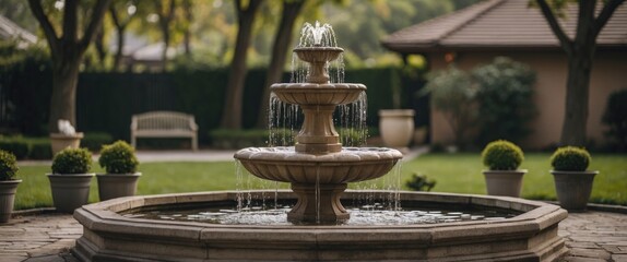 Elegant stone fountain surrounded by manicured greenery and potted plants in a serene garden setting with water flowing. Copy Space