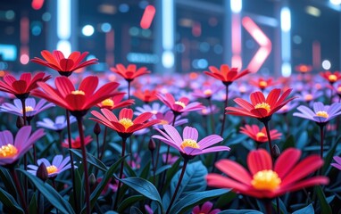 Obraz premium A stunning close-up of vibrant, glowing flowers in full bloom, illuminated with soft golden light. 