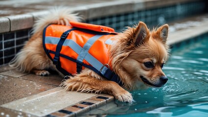Small dog in bright orange life jacket leaning over pool edge, preparing to enter water, focused on swimming activity, Copy Space