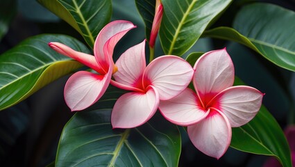 Pink plumeria flowers with green leaves background showcasing natural beauty and tropical theme Copy Space
