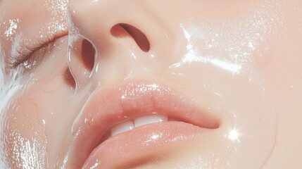 Fototapeta premium Close-up of a woman's face, with her eyes closed and her lips slightly parted. the skin appears to be smooth and shiny, with a light pink color.