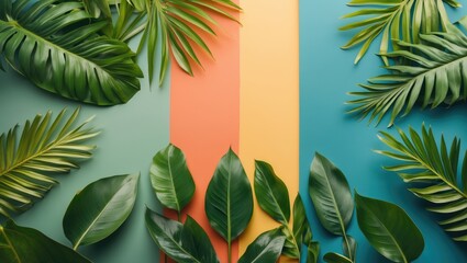 Tropical green leaves on a colorful background with copy space for text. Flat lay arrangement of palm leaves and plant foliage.
