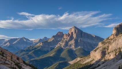 Mountain Landscape with Layered Peaks and Blue Sky Clouds in Daylight with Copy Space