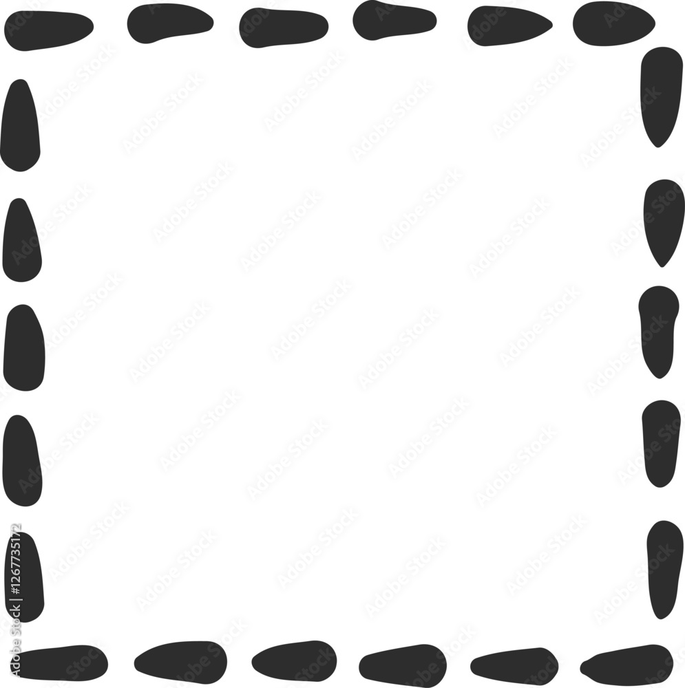 Poster simple square frame made of small black irregular shapes forming a dotted line, isolated on a white 
