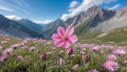 Fototapeta premium Close-up of pink wildflowers in a mountainous landscape with blurred background of peaks and blue sky Copy Space