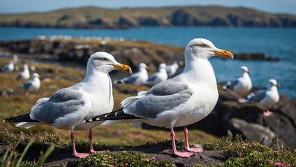 Two seagulls perched on rocks near the ocean with other gulls in the background and a clear blue sky Copy Space