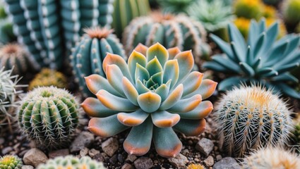 Fototapeta premium Colorful succulent plants in a diverse arrangement with various textures and shapes surrounded by gravel and sand surface Copy Space