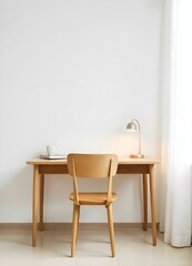 A wooden desk with a chair and a lamp in a white room