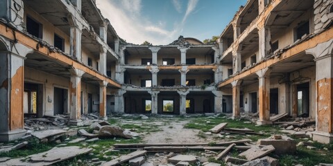 Abandoned ruin of a building with crumbling walls and debris in a courtyard under a blue sky with clouds, architectural decay, urban exploration, Copy Space