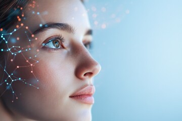 Woman's face with connected dots representing technology