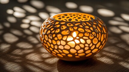 Illuminated spherical candle holder with intricate cut-out design casting shadows.