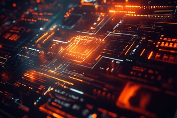 Obraz premium Circuitry Glow - Abstract close-up of glowing orange and blue circuitry, technology background