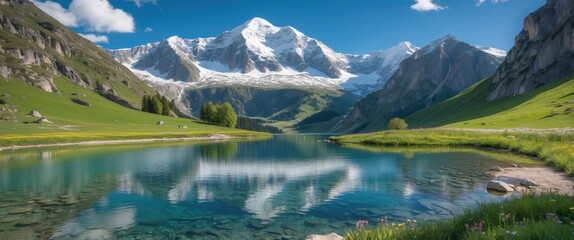 Scenic mountain landscape with clear lake reflecting snow-capped peaks and green meadows under blue sky with fluffy clouds Copy Space