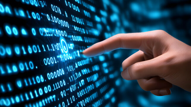 hand interacts with digital interface displaying binary code, symbolizing technology and data manipulation. image conveys sense of innovation and digital transformation
