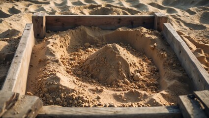 Sand pile in a wooden sandbox on a sandy beach with soft shadows and bright sunlight Copy Space