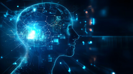digital representation of human head with glowing circuits and data streams symbolizes integration of artificial intelligence in technology