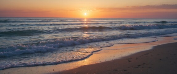 Fototapeta premium Sunset over tranquil ocean waves with sandy beach in foreground perfect for relaxation imagery and copy space for text
