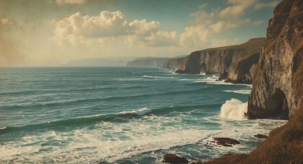 Coastal landscape with waves crashing on rocky shore under a cloudy sky and cliffs in the background with Copy Space